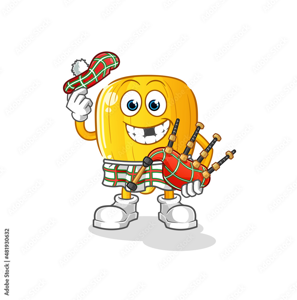Obraz premium corn kernel scottish with bagpipes vector. cartoon character