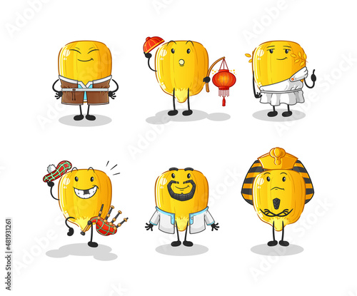 corn kernel world culture group. cartoon mascot vector