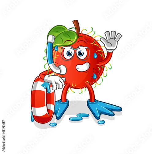 rambutan swimmer with buoy mascot. cartoon vector
