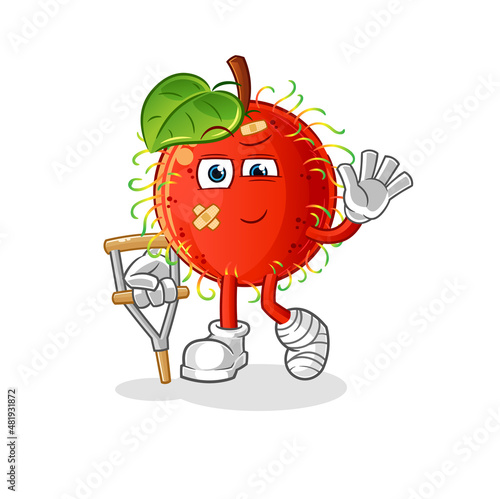rambutan sick with limping stick. cartoon mascot vector