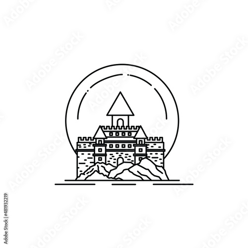 witchcraft and wizardry Hogwarts castle and moon  in the rock hill line art logo design
