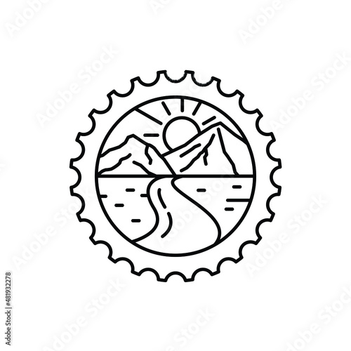 gear with mountains landscape mountain bike sport line art logo design