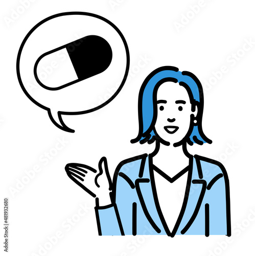 薬の説明をしているスーツを着た若い女性
