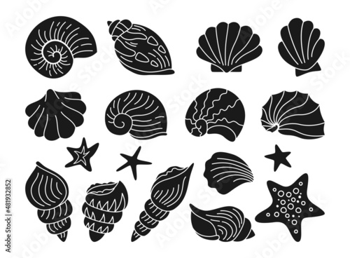 Seashells stamp stencil set. Ocean marine shell, starfish spiral mollusk, conch sink brand. Tropical travel under water design elements printing collection. Oceanic vector illustration for print