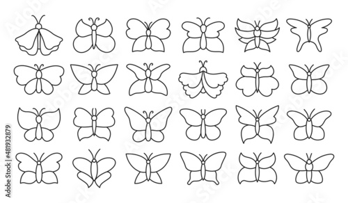 Butterfly icon set. Line doodle elegant exotic butterflies and moths drawing collection. Abstract stylized tropical insect, black contour wings. Wildlife childrens hand drawn symbol design vector