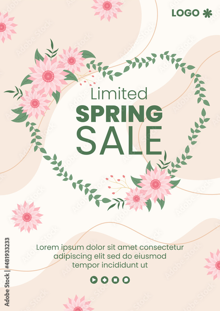 Fototapeta premium Spring Sale with Blossom Flowers Flyer Template Flat Design Illustration Editable of Square Background Suitable for Social Media or Greeting Card