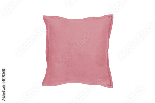 Decorative soft pillow, pink linen, isolated on white background