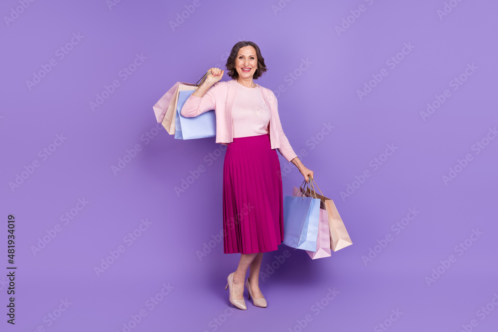 Full size portrait of positive pretty lady hold packages good mood isolated on violet color background