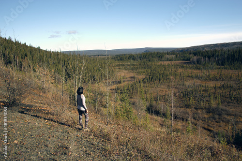 Fototapeta Naklejka Na Ścianę i Meble -  Lady hiker, forest, Alaska, Fairbanks, Dalton Highway
