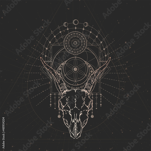 Vector illustration with hand drawn Goat skull and Sacred geometric symbol on black vintage background. Abstract mystic sign.