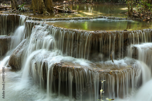Fototapeta Naklejka Na Ścianę i Meble -  Huay Mae Khamin Waterfall. A beautiful stream waterfall at Srinakarin National Park Kanchanaburi province, Thailand