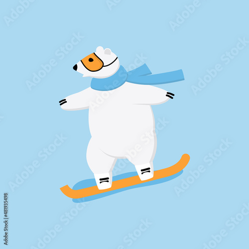 Polar bear surfing snowboard on downhill. Extreme outside winter sport concept.