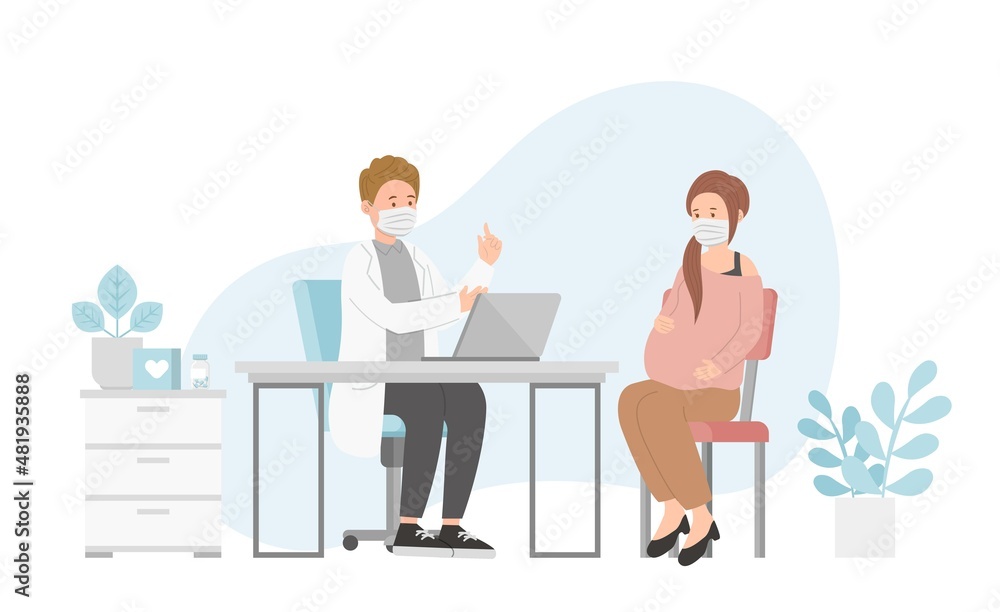 Pregnant woman patient in doctor office for medical consultation or diagnosis treatment, healthcare concept, nursing and medical staff