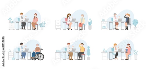 Set of man and woman patient in doctor office for medical consultation or diagnosis treatment, healthcare concept, nursing and medical staff