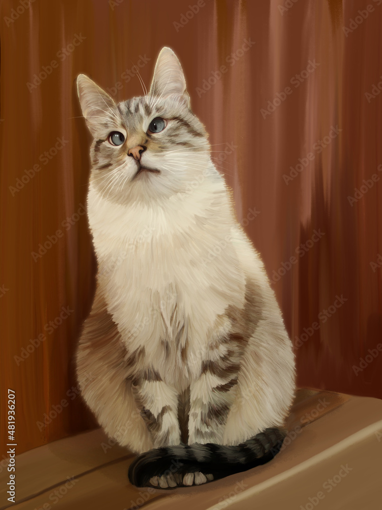 Realistic hand drawn portrait of sitting striped spotted cat with blue eyes on dark wooden background. Digital graphics color picture. Realistic hand drawn portrait of sitting striped spotted cat with blue eyes on dark wooden background. Digital graphics color picture.