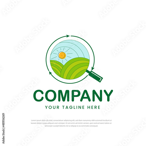 Magnifying glass logo design, farmland circle arrow Rural landscape vector design. farm illustration