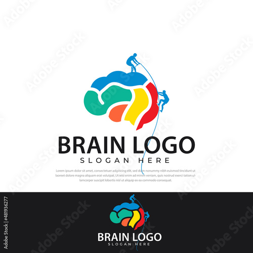 Colorful Brain Symbol design illustration with Rock Climbing silhouette. Thinking Brain design logo