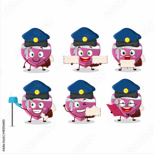 A picture of cheerful pink love gift box postman cartoon design concept