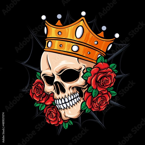 skull tattoo with crown and roses vector