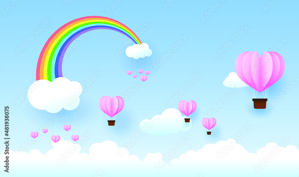 Hearts air balloon in the sky with Rainbow and clouds background, valentine day , paper art style