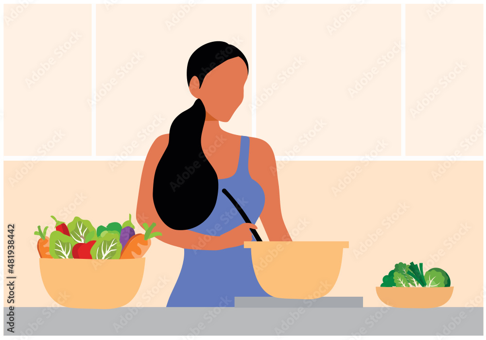 Woman cooking in the kitchen at home vector illustration, Stay home and healthy concept
Woman cooking in the kitchen at home vector illustration, Stay home and healthy concept
