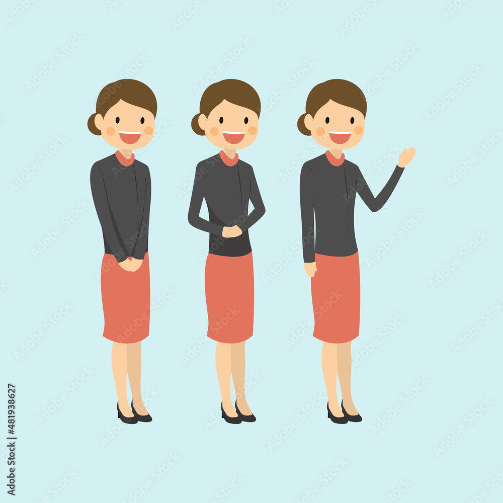 Professional Woman Cartoon Character as Customer Service or Public Relations Welcoming and Explaining Professional Woman Cartoon Character as Customer Service or Public Relations Welcoming and Explaining