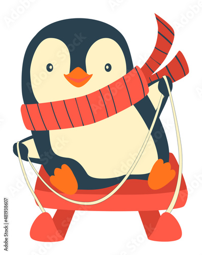 Penguin on sled. Penguin sledding cartoon vector illustration.