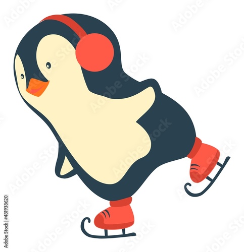 Penguin cartoon. Penguin ice skates on ice skating rink in the winter vector illustration.