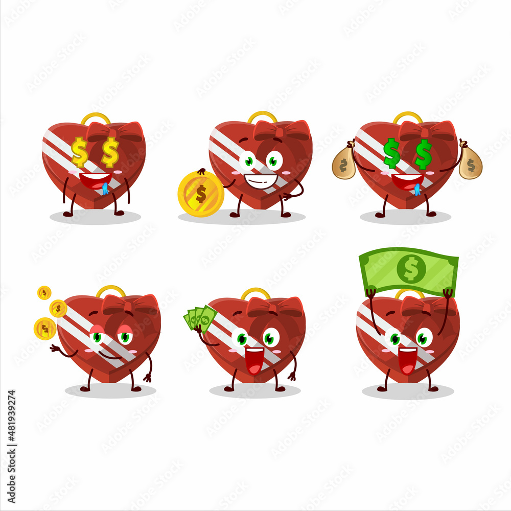 Red love gift box cartoon character with cute emoticon bring money