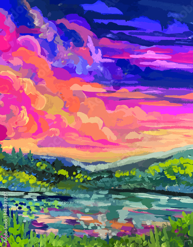 Illustration artwork of digital watercolor painting of beautifull pond and colourfull cloud in the sky amazing landscape