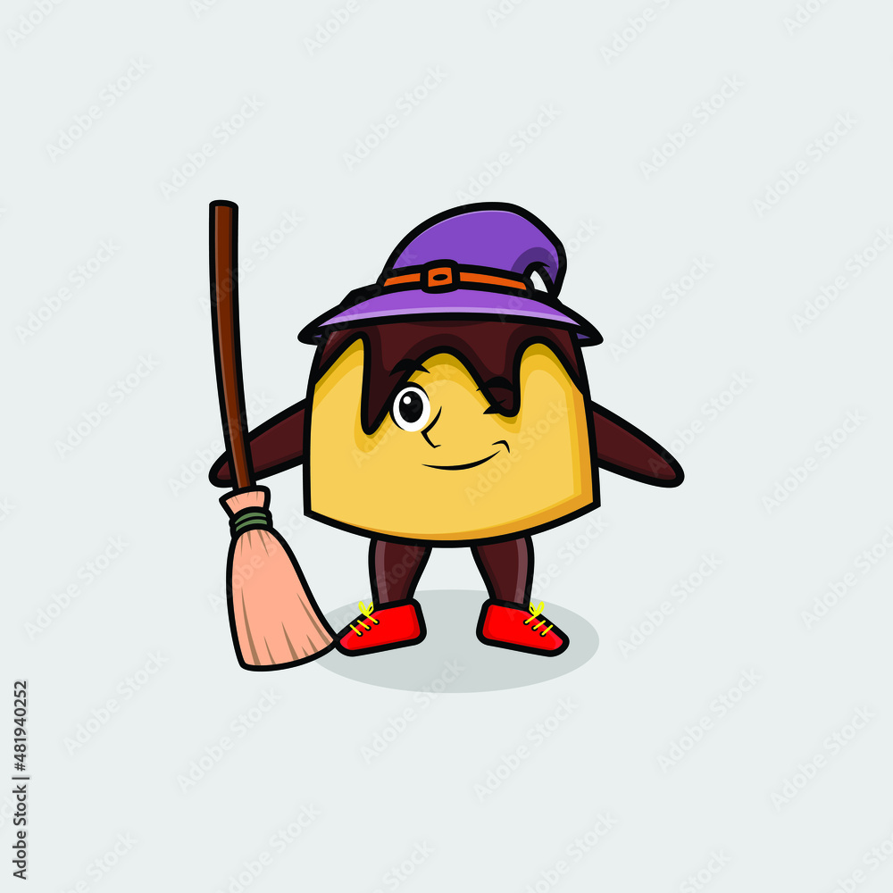 Cute cartoon witch shaped cake mascot with hat and broomstick cute modern stylish design for t-shirt, sticker, logo elements Cute cartoon witch shaped cake mascot with hat and broomstick cute modern stylish design for t-shirt, sticker, logo elements