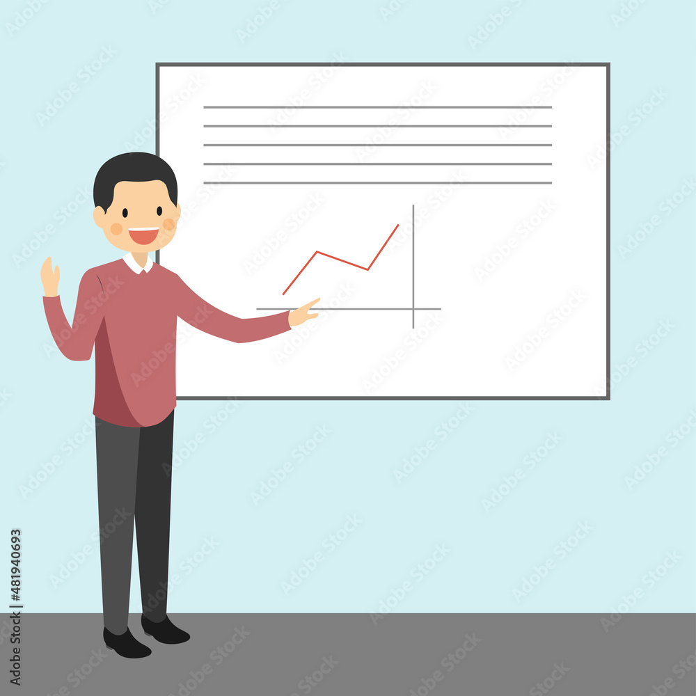 Male Teacher Cartoon Character Standing Teaching School Lesson and Explaining Data Male Teacher Cartoon Character Standing Teaching School Lesson and Explaining Data