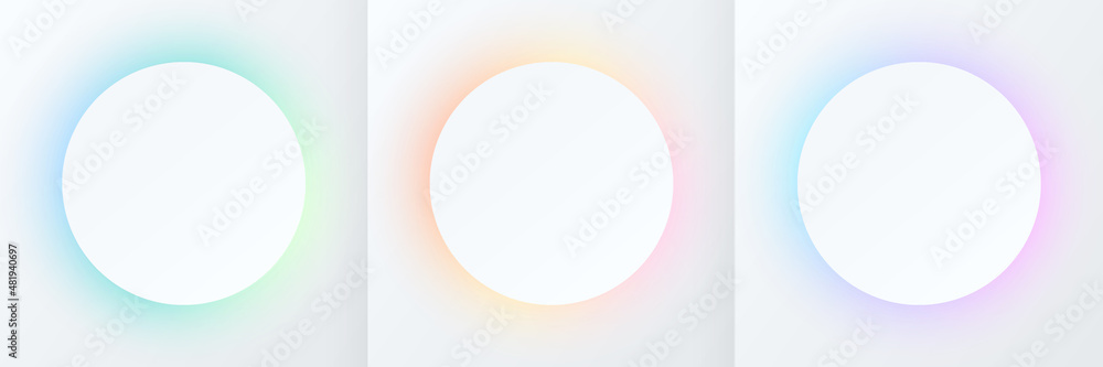 Set of blue, pink-purple and green circle frame on white background. Abstract 3D cosmic color backdrop. Collection of glowing neon color on geometric background with copy space. Top view. Vector EPS10 - obrazy, fototapety, plakaty 