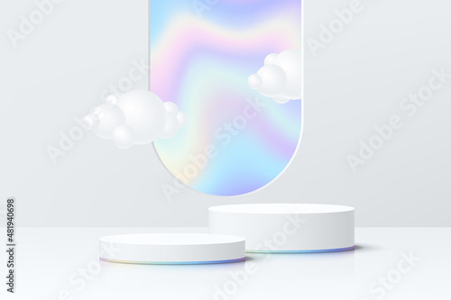 Abstract 3D room with realistic white cylinder pedestal podium set and cloud in arch shape hologram window. Minimal scene for product display presentation. Vector geometric platform. Stage showcase.
