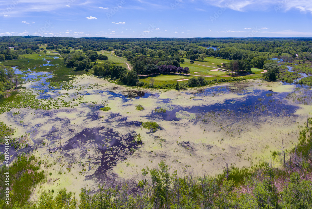 Pine Brook marsh aerial view in summer in town center of Wayland, Massachusetts MA, USA. 