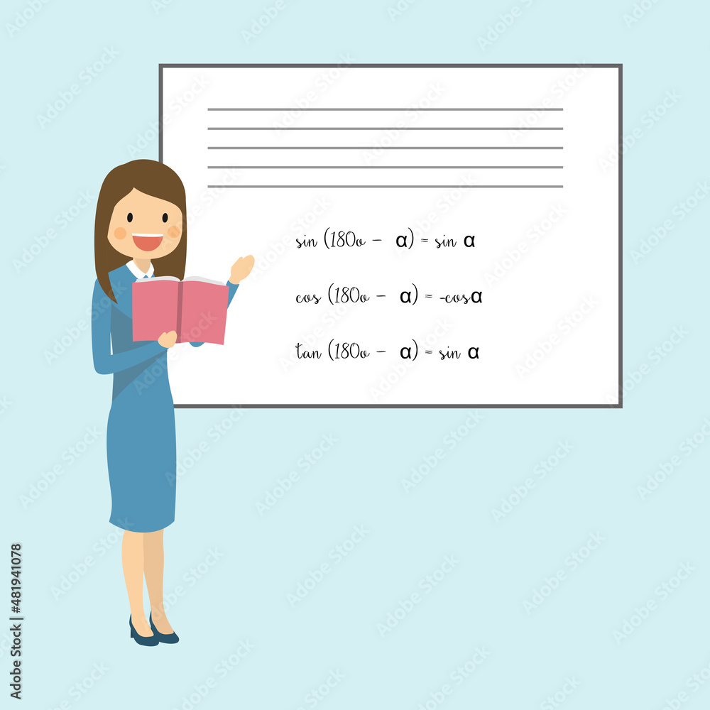Female Teacher Cartoon Character Standing Teaching Math Lesson at School Class Room