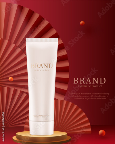 Tube of cosmetic product stand on podium. Tube for cream on Chinese style background with red fans.