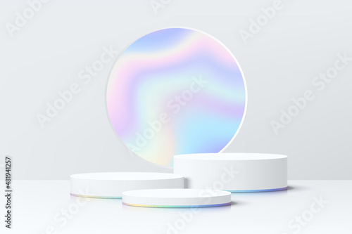 Abstract 3D room with realistic white cylinder pedestal podium set and blue hologram in circle window. Minimal scene for product display presentation. Vector geometric platform. Stage for showcase.