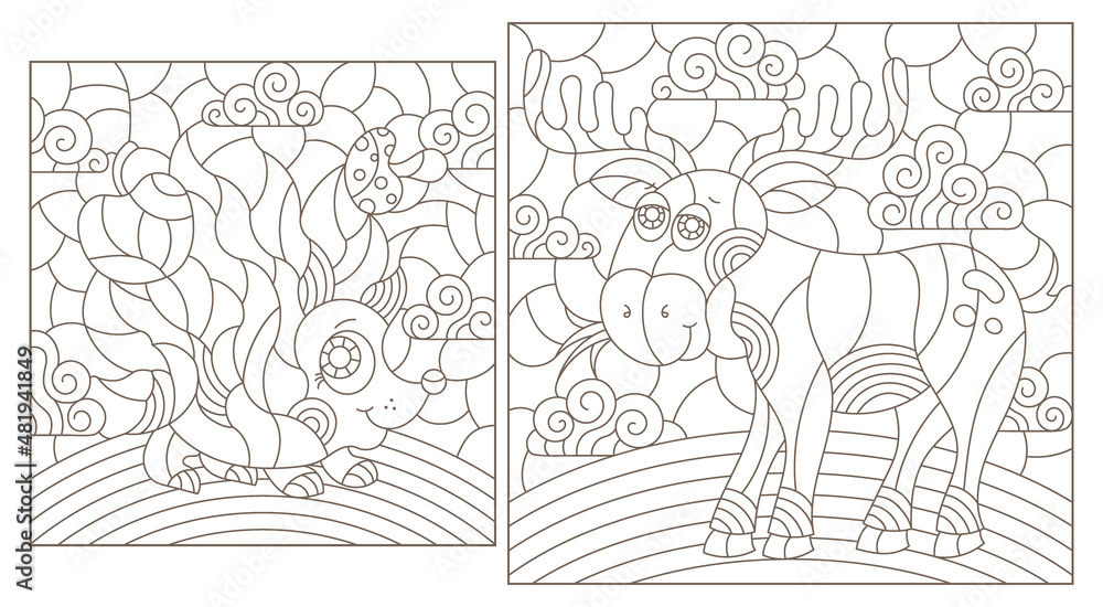 A set of contour illustrations in the style of stained glass with cute cartoon hedgehog and moose, dark contours on a white background