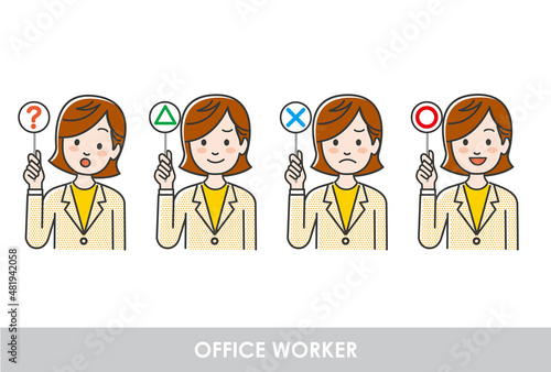 女性会社員のマルバツ指し棒のイラストバリエーション