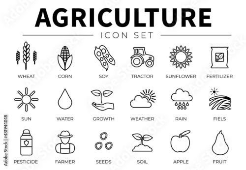 Agriculture Outline Icon Set of Wheat  Corn  Soy  Tractor  Sunflower  Fertilizer  Sun  Water  Growth  Weather  Rain  Fields  Pesticide  Farmer  Seeds  Soil  Apple  Fruit Icons