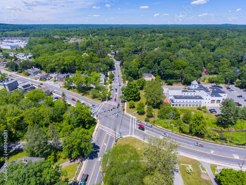 Wayland historic town center aerial view in summer at Boston Post Road and MA Route 27, including First Parish Church and Town Hall, Wayland, Massachusetts MA, USA.  photo