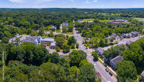 Wayland historic town center panoramic aerial view in summer at Boston Post Road and MA Route 27, including First Parish Church and Town Hall, Wayland, Massachusetts MA, USA.  photo