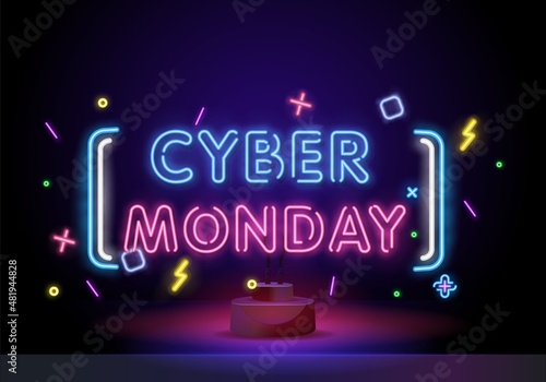 Neon Cyber Monday Banner. Text and Title of Cyber Monday with Neon lights on the dark Background with Lined texture. Billboard, Poster and Cover design. Blue and Purple colors. Vector illustration