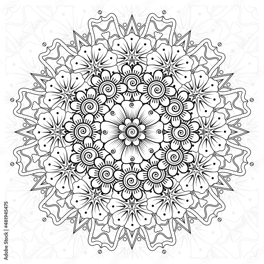 Circular pattern in form of mandala for Henna, Mehndi, tattoo, decoration. Decorative ornament in ethnic oriental style. Coloring book page.