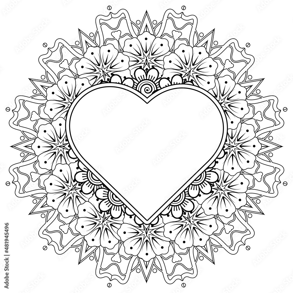 Mehndi flower with frame in shape of heart. decoration in ethnic oriental, doodle ornament. Mehndi flower with frame in shape of heart. decoration in ethnic oriental, doodle ornament.