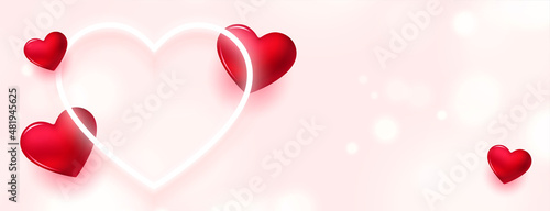 romantic valentines day hearts banner with neon love heart