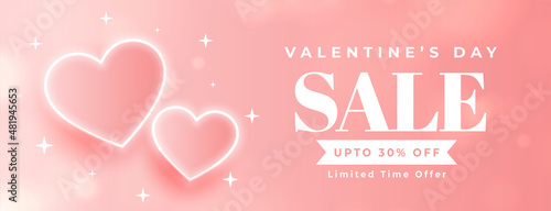 valentines day sale banner with glowing neon hearts