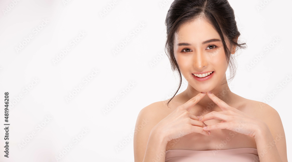 Beauty asian women touching soft chin portrait face with natural skin and skin care healthy hair and skin close up face beauty portrait.Beauty Concept on white background. Beauty asian women touching soft chin portrait face with natural skin and skin care healthy hair and skin close up face beauty portrait.Beauty Concept on white background.