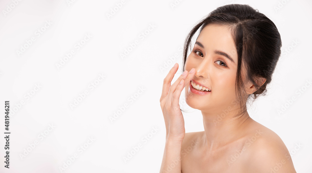 Beauty asian women touching nose portrait face with natural skin and skin care healthy hair and skin close up face beauty portrait.Beauty Concept on white background. Beauty asian women touching nose portrait face with natural skin and skin care healthy hair and skin close up face beauty portrait.Beauty Concept on white background.